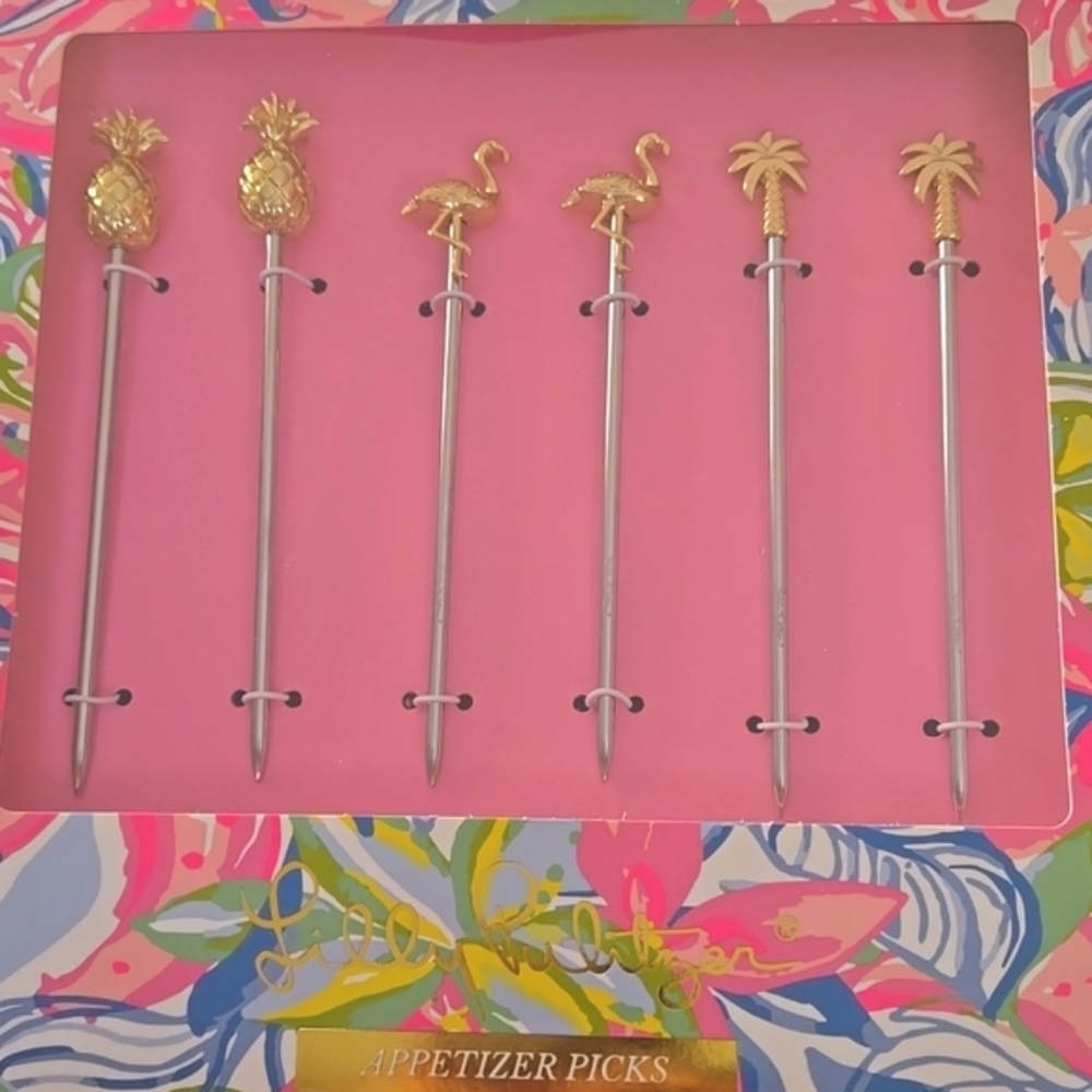 Lilly Pulitzer Appetizer Picks pineapples, palm trees, Flamingos NWOT Summer Fun